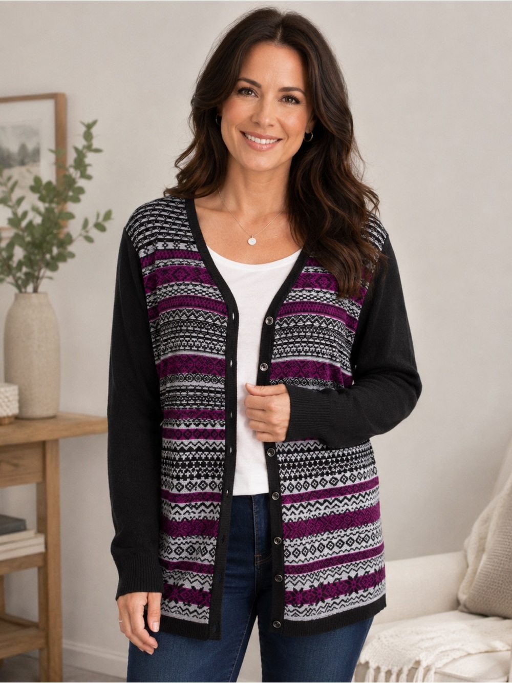 Style & Co XL Fair Isle Button Front Cardigan Sweater Black Purple White NWT